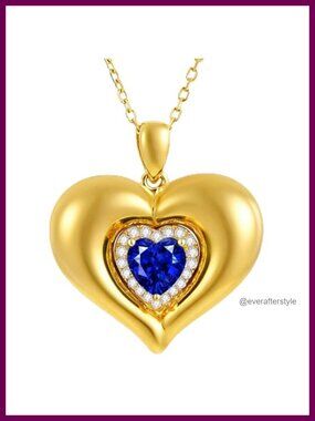18K Gold Plated Bubble Heart Pendant Necklace Lab-Grown Sapphire Birthstone